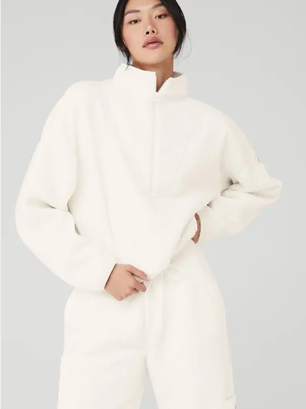 ALO Yoga Micro Sherpa Cozy Cabin Half Zip Pullover in Cream
